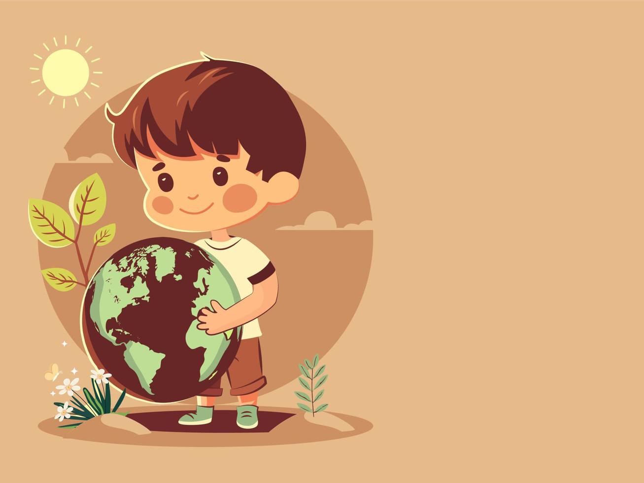 Smiley Boy Character Holding Earth Globe On Sun Nature Pastel Orange Background. Save Earth or World Environment Day Concept. vector