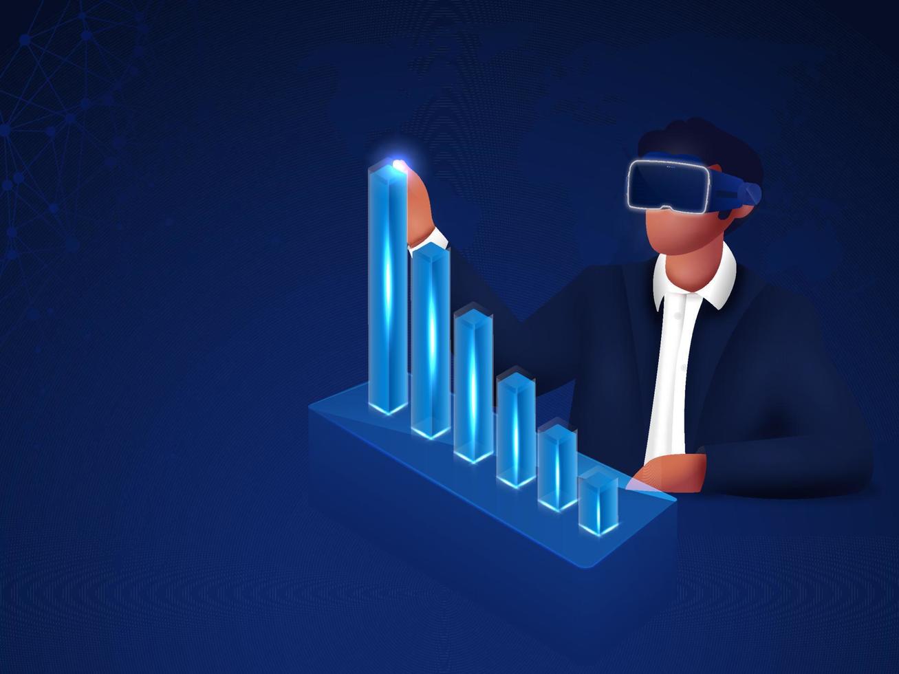 Businessman Presenting Bar Graph Through VR Metaverse Glasses On Blue Background. 3D Rendering. vector