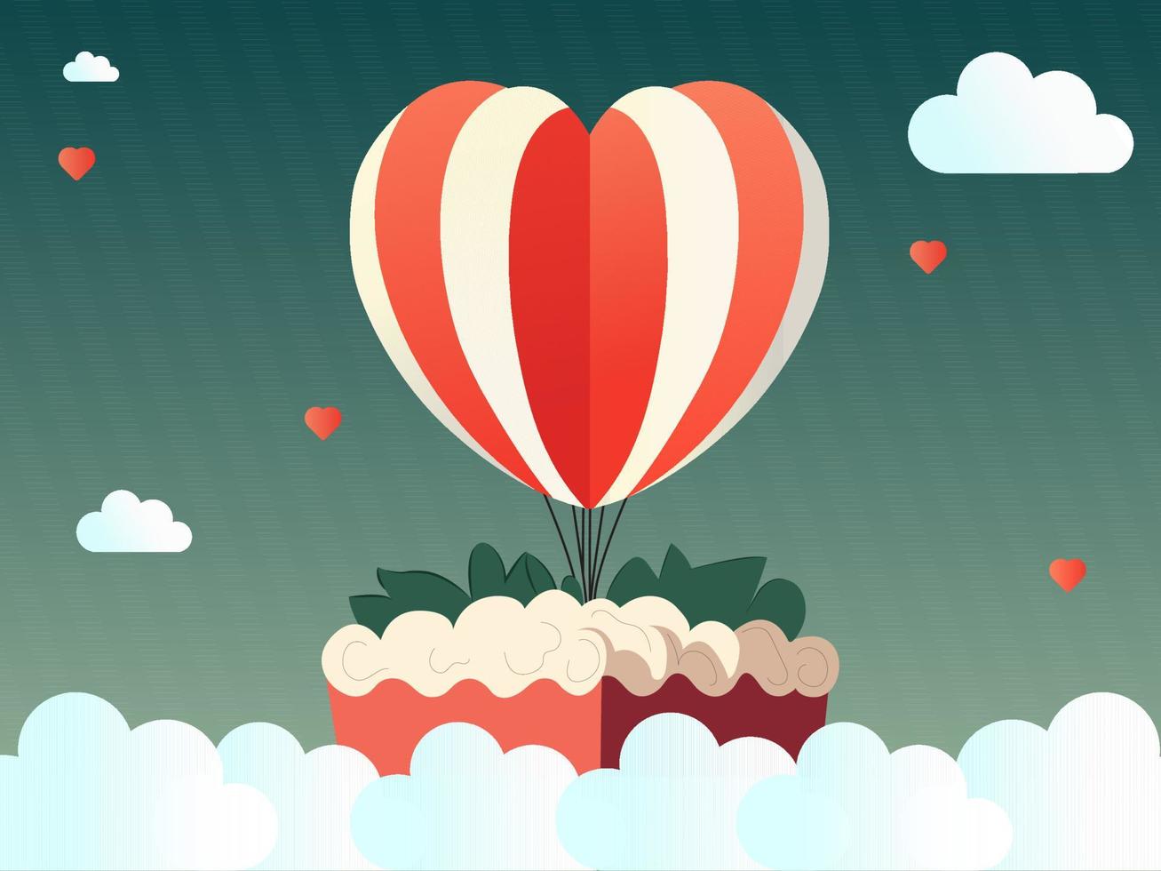 Illustration Of Heart Shape Hot Air Balloons, Clouds On Green And White Backgorund And Copy Space. Love Or Valentine's Day Concept. vector