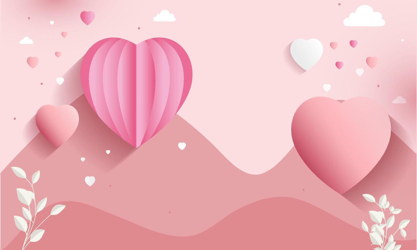 3D Render of Pastel Pink Paper Cut Heart Shapes With Clouds, Mountain Landscape, Love Or Valentine Concept. vector
