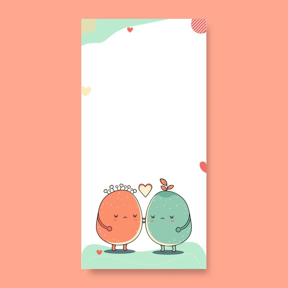 Sad Mascot Potato Couple Character With Hearts And Copy Space. Love Or Valentine Concept. vector