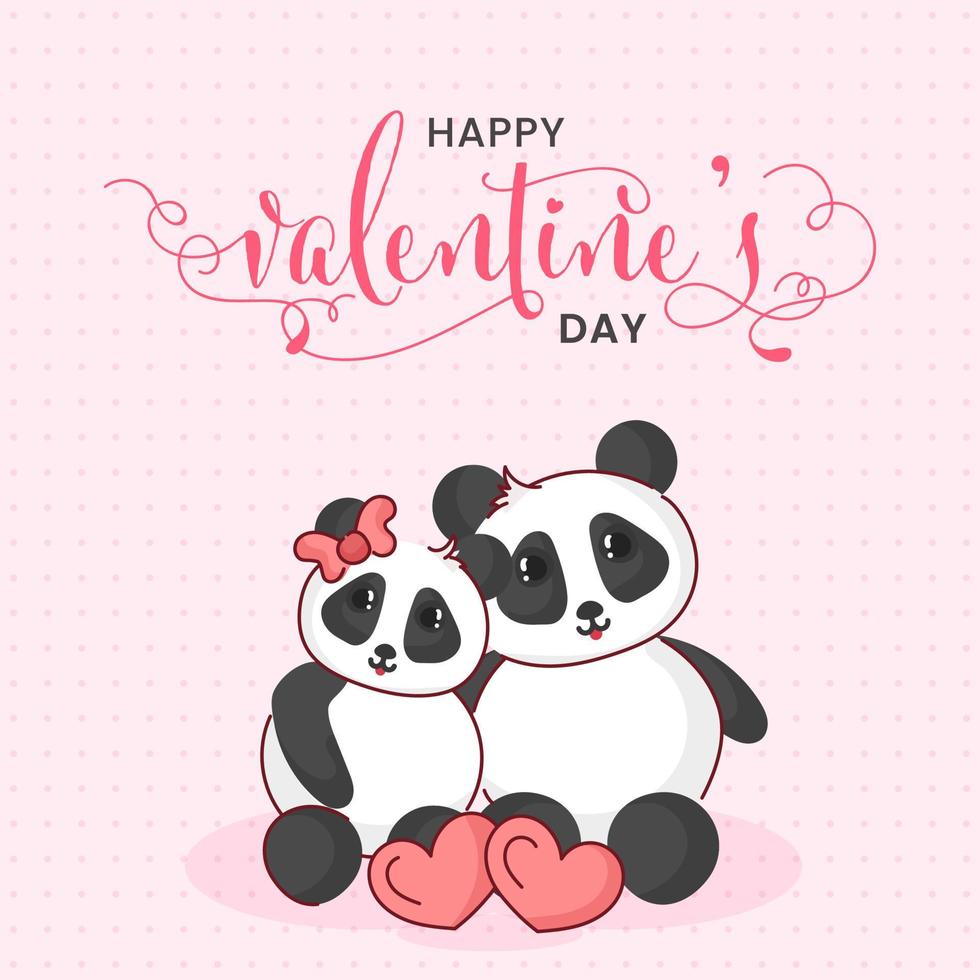 Happy Valentine's Day Concept With Adorable Panda Couple Character Sitting On Pink Dotted Background. vector