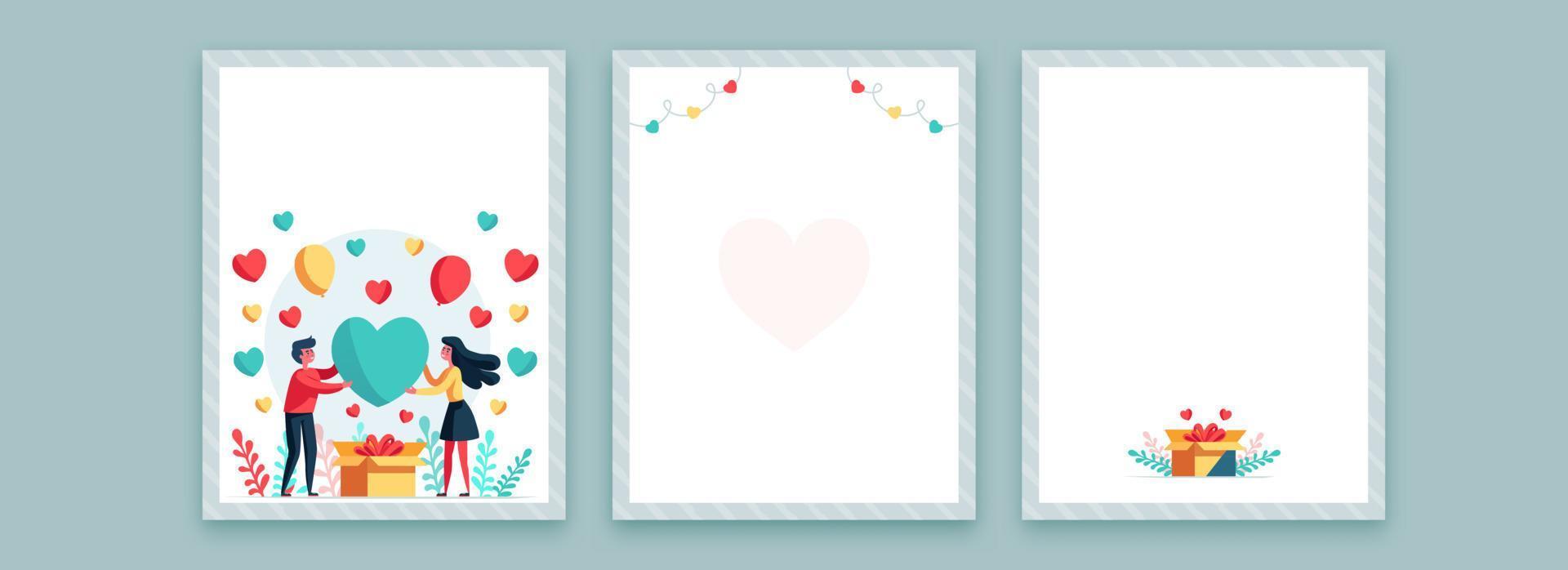 San Valentín día saludo tarjeta con joven Pareja personaje participación un corazón y cartulina caja. vector