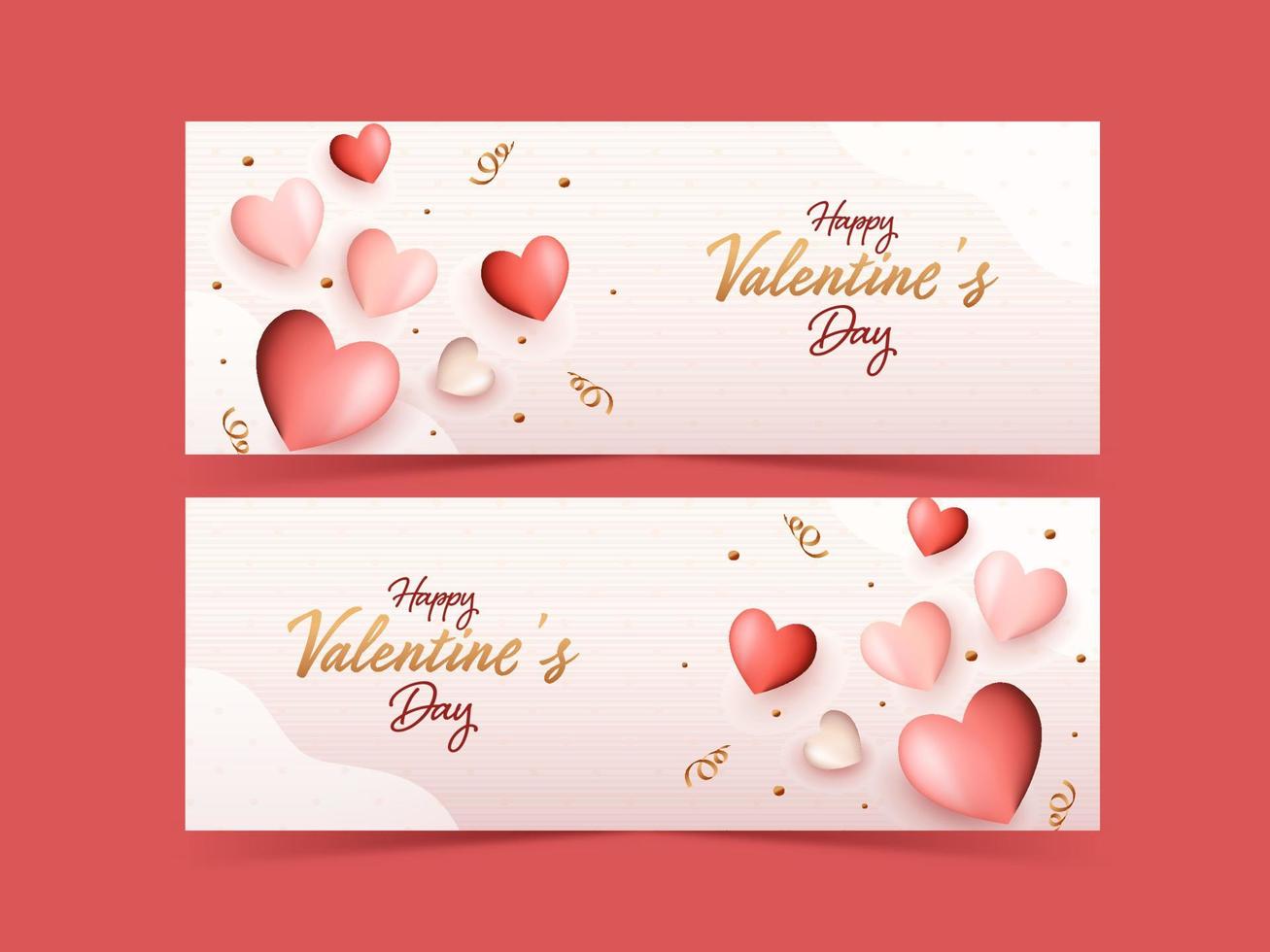 Happy Valentine's Day Banner or Header Set With Top View of Glossy Hearts, Golden Confetti Ribbons Decorated Background. vector