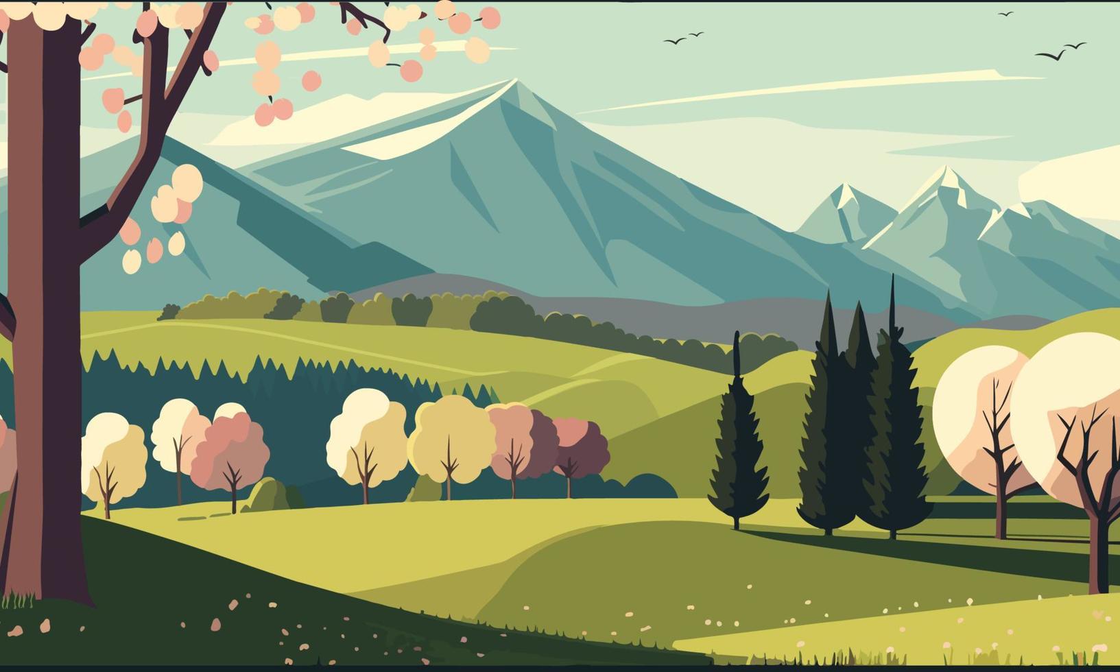 hermosa naturaleza paisaje antecedentes con montañas, arboles ilustración. vector