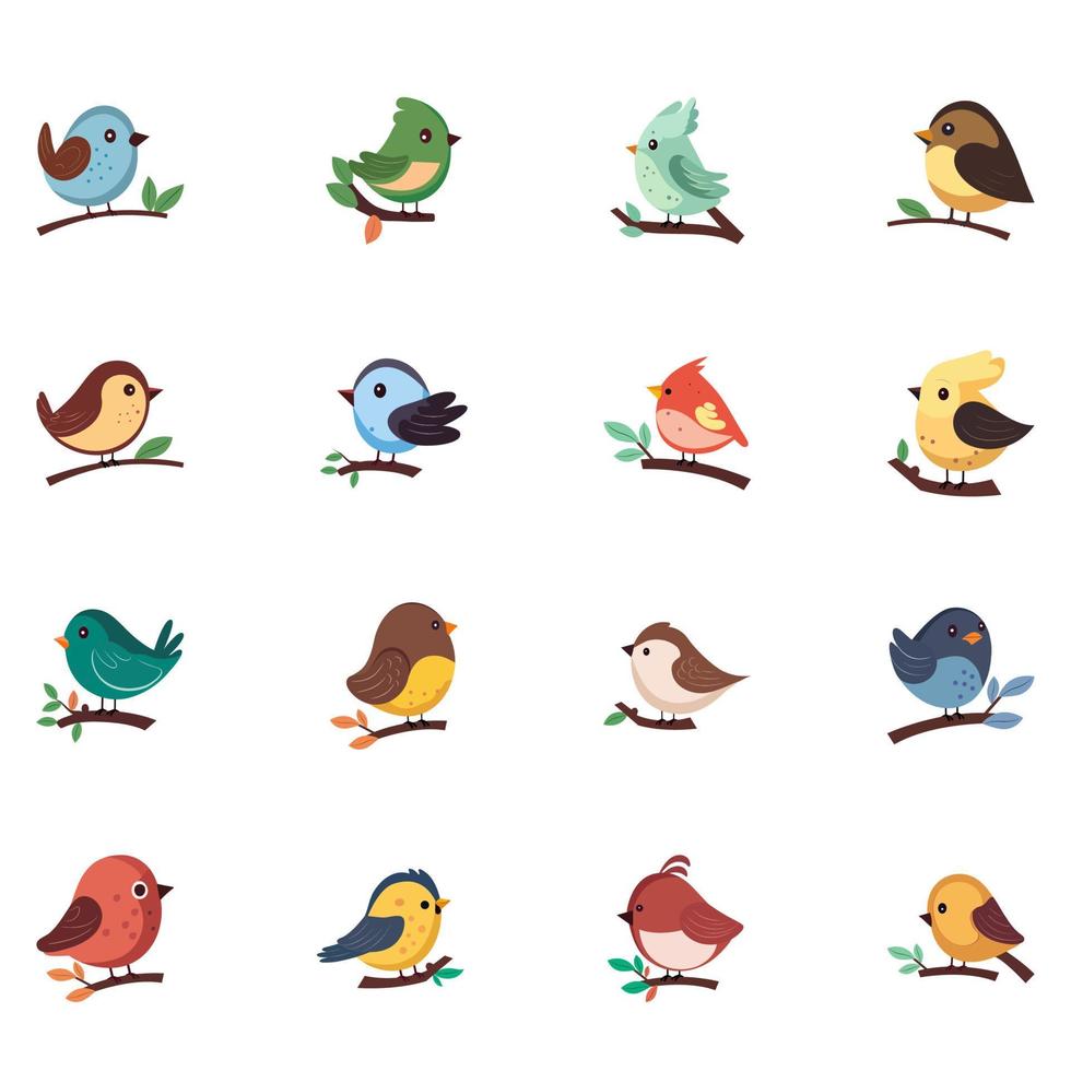 Different Types of Birds Sitting On Branch Icon In Flat Style. vector