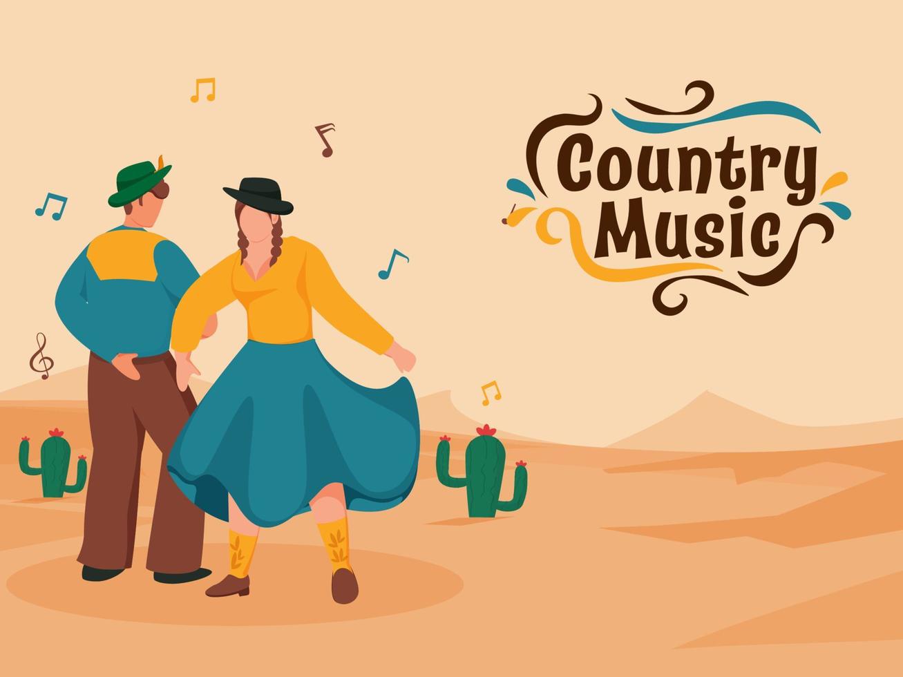 país música póster diseño con sin rostro vaquero y vaquera ejecutando danza en cactus arena paisaje antecedentes. vector