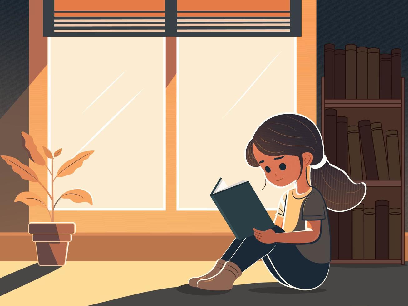 Young Girl Character Reading A Book With Plant Vase, Bookshelves On Window Background. vector