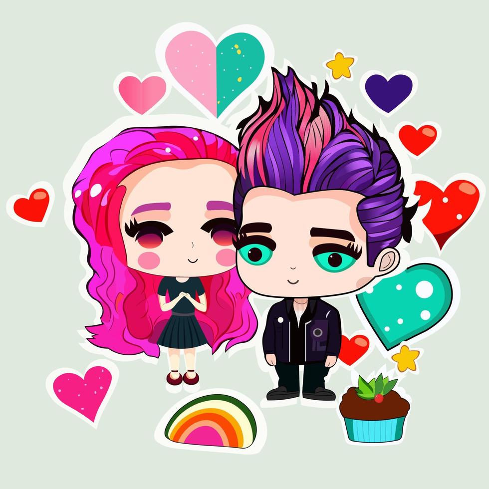 Lovely Boy And Girl Character With Hearts, Rainbow And Cupcake Decorative Elements On Pastel Green Background. vector