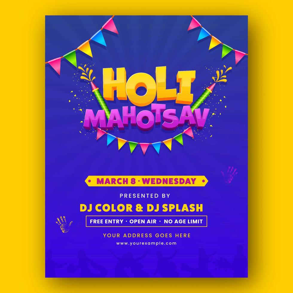 Holi Mahotsav Party Invitation Card Template Layout With Event Details In Blue Color. vector