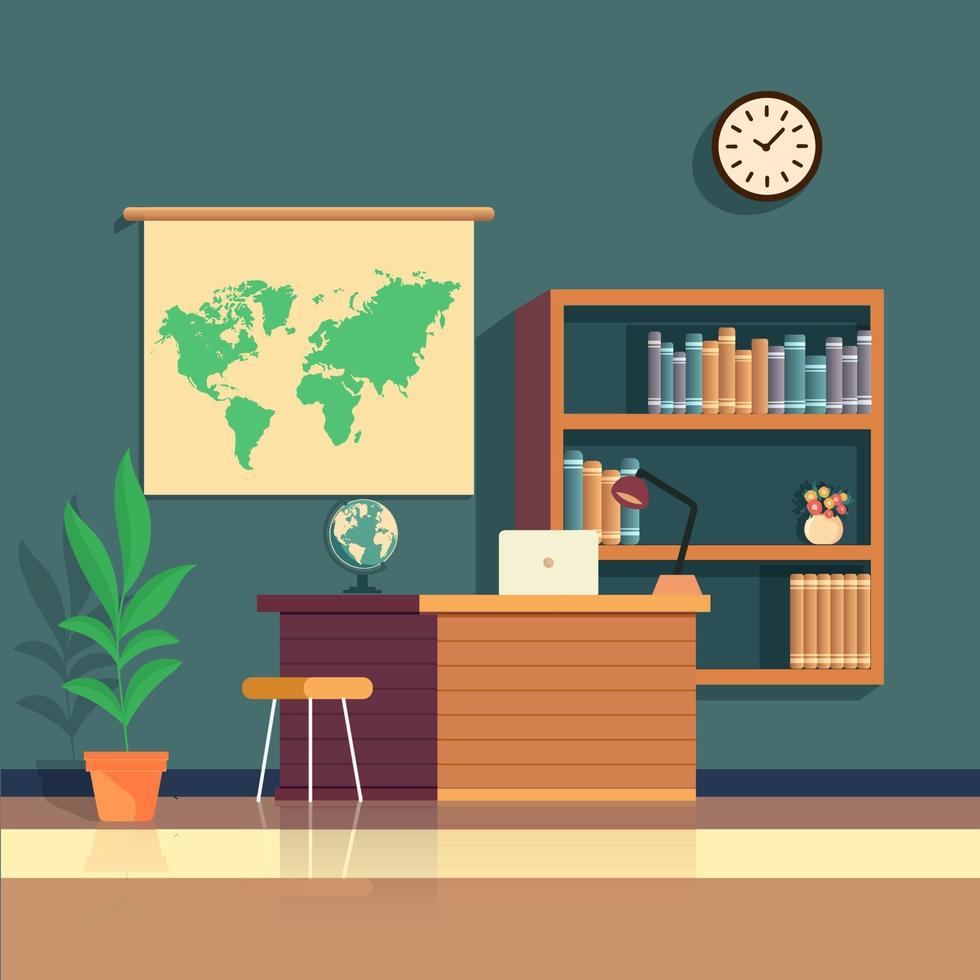 Study Room or Classroom Interior View With Desk, Table Lamp, Laptop, Earth Globe Stand, Bookshelves, Plant Pot, Wall Clock And World Map Illustration. vector