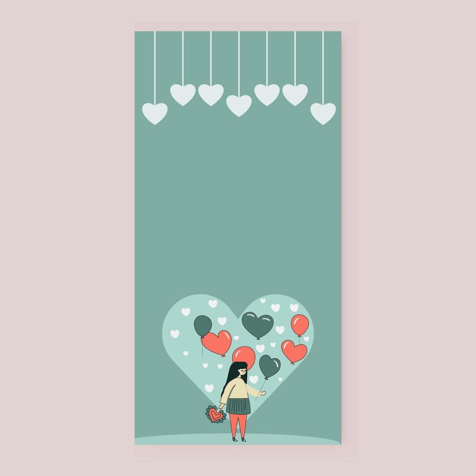 Cartoon Young Girl Standing With Balloons, Heart Shapes And Copy Space. vector