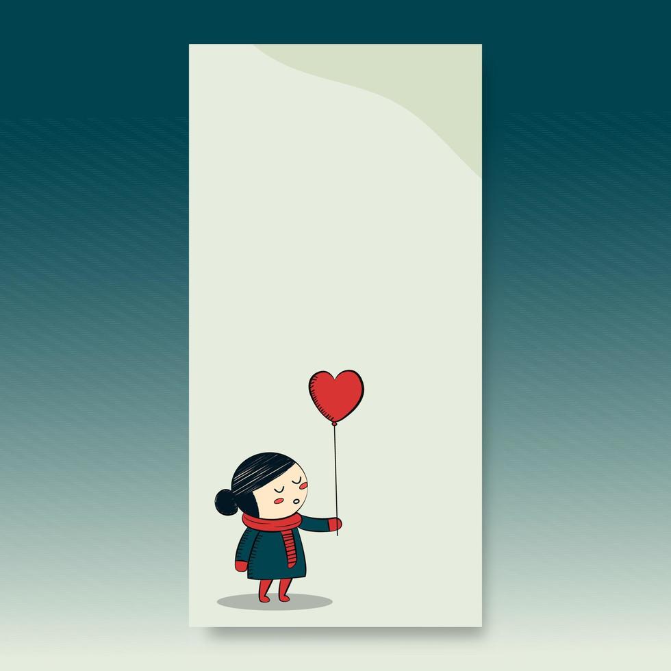 Doddle Style Cute Girl Holding Heart Shape Balloon And Copy Space. Love Or Valentine Concept. vector
