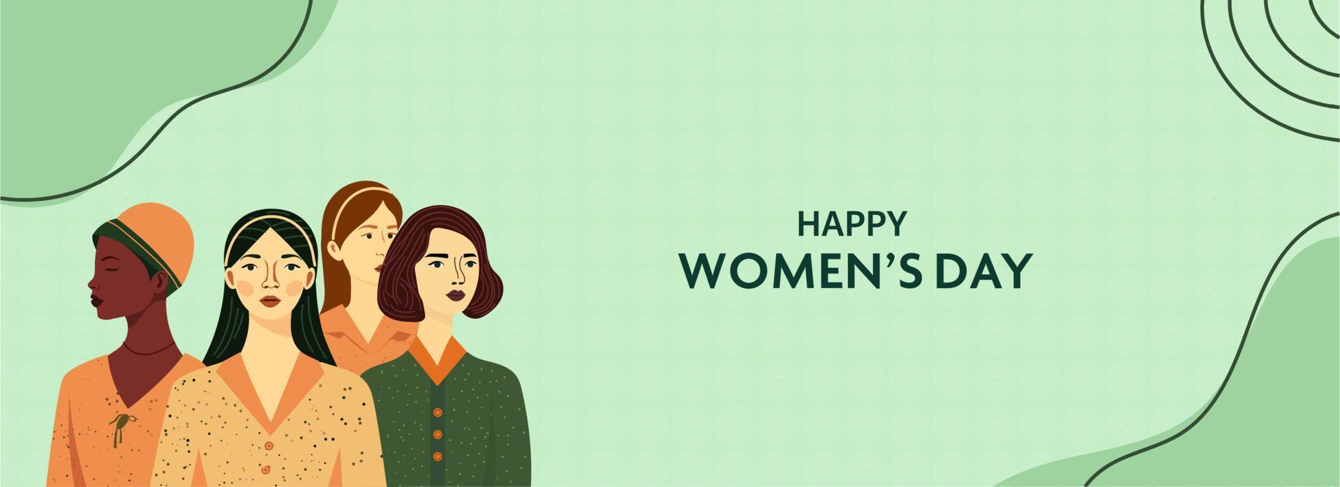 Happy Women's Day Banner Design With Group of Young Female Characters On Green Circles Pattern Background. vector