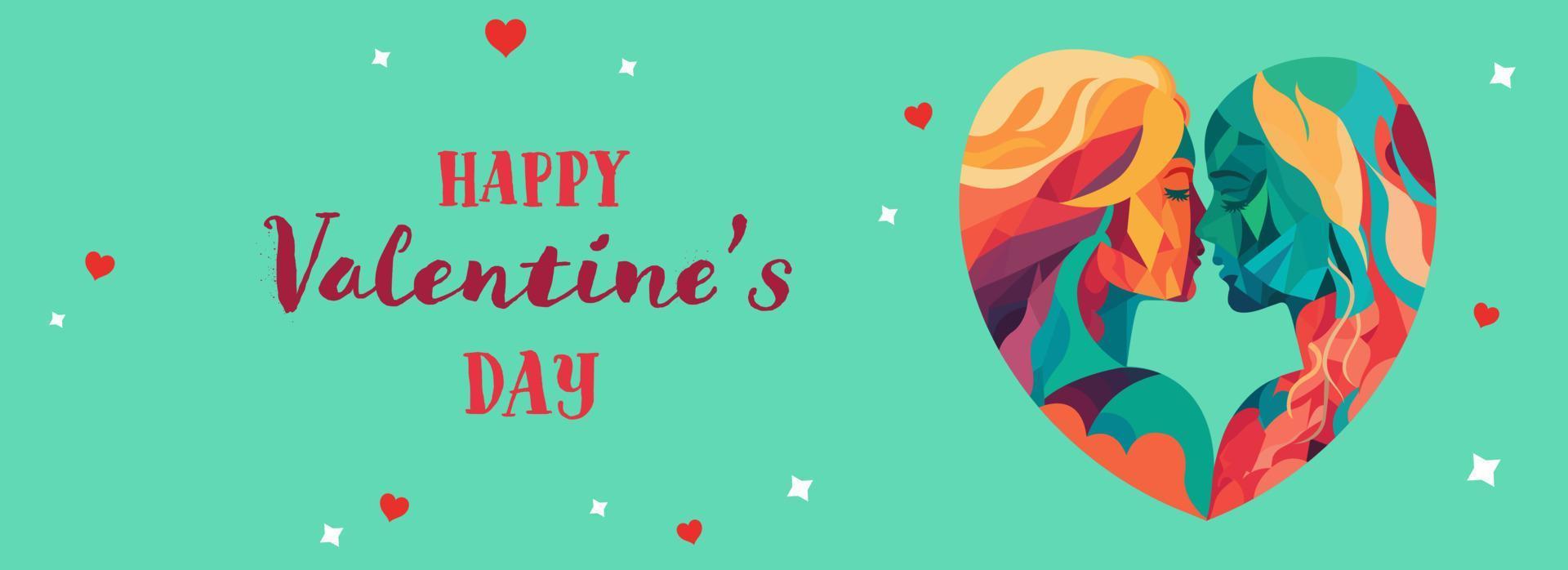 Happy Valentine's Day Concept With Polygonal Romantic Lesbian Couple Character On Aquamarine Background. vector