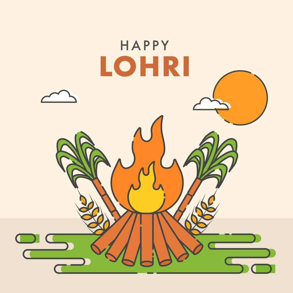 Happy Lohri Celebration Greeting Card With Bonfire, Sugarcanes, Wheat Ear And Sun On Pastel Peach Background. vector