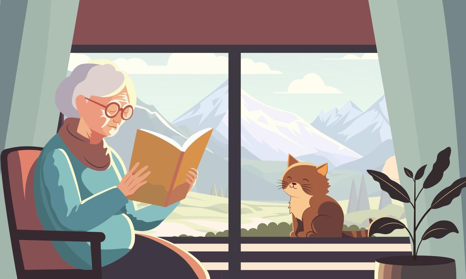Elderly Woman Character Reading A Book On Chair With Plant Vase And Adorable Cat On Mountain Landscape Through Window Background. vector