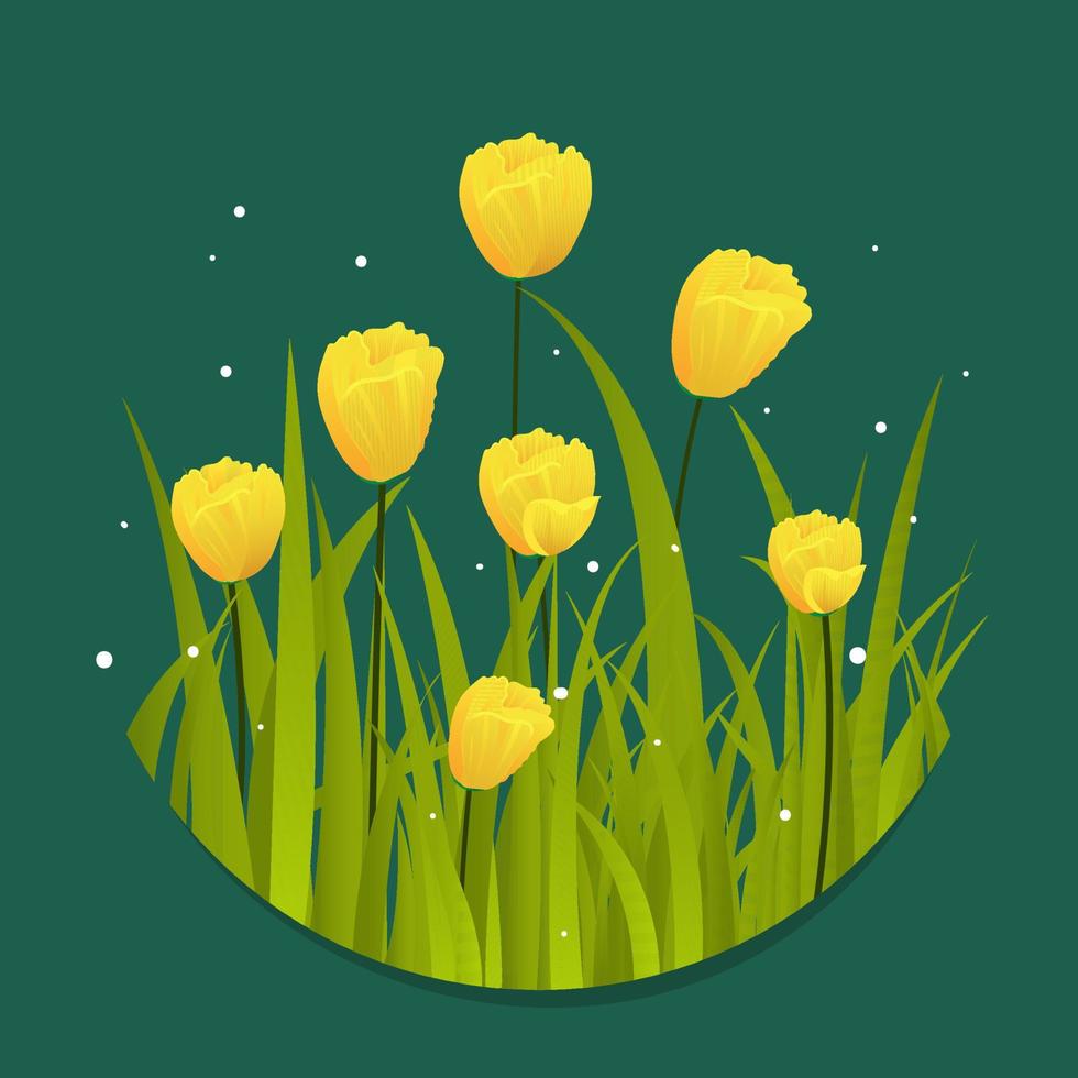 amarillo tulipán floral decorado en verde antecedentes. vector