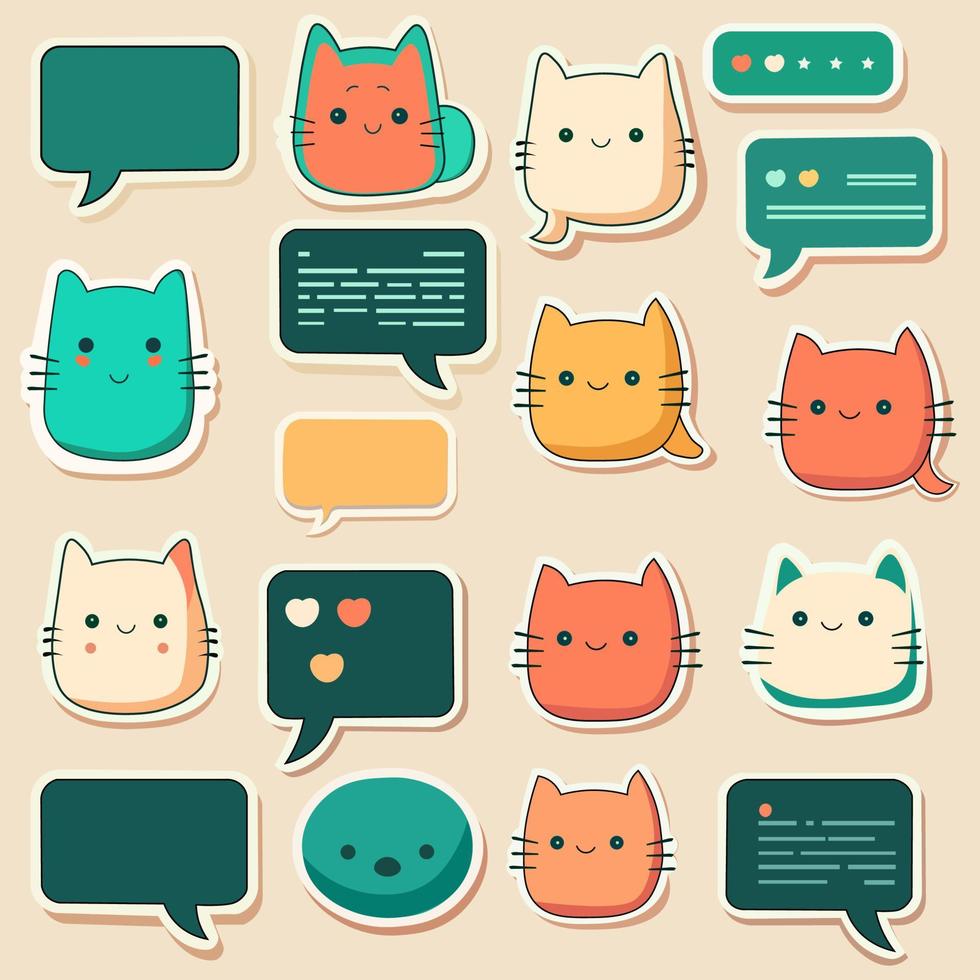 Set Of Sticker Style Blank Chat Box With Cat Emoji Face Elements. Chatting Concept. vector