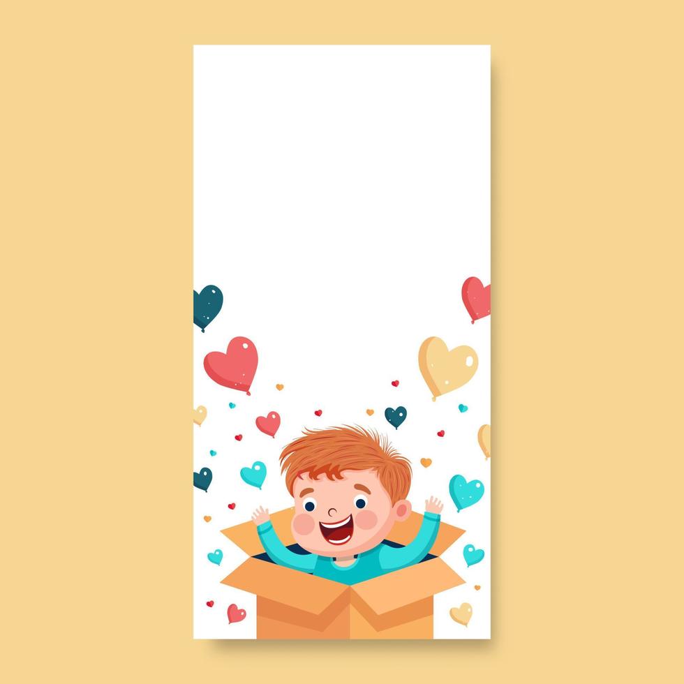 Excited Cute Boy With Heart Balloons Coming Out From Inside Surprise Box And Copy Space. Vertical Banner Or Template Design. vector