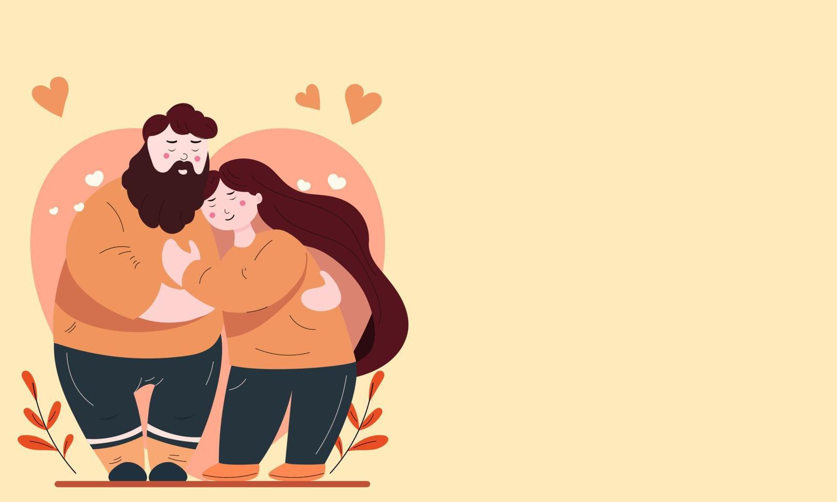 Loving Man And Woman With Hearts On Leaves Background And Copy Space. Love Or Valentine Concept. vector