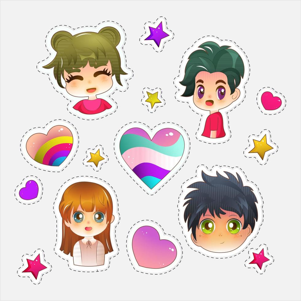 Set of Cute Girls And Boys Character With Heart Shapes, Stars In Sticker Style. vector
