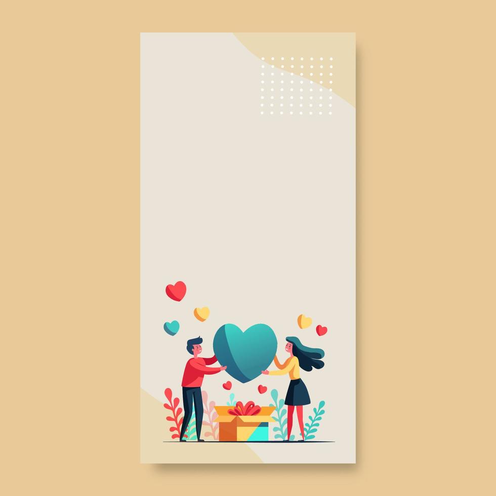 Happy Valentine's Day Concept With Young Boy And Girl Character With Colorful Hearts, Balloons Gift Box, Leaves On Beige Background And Copy Space. vector