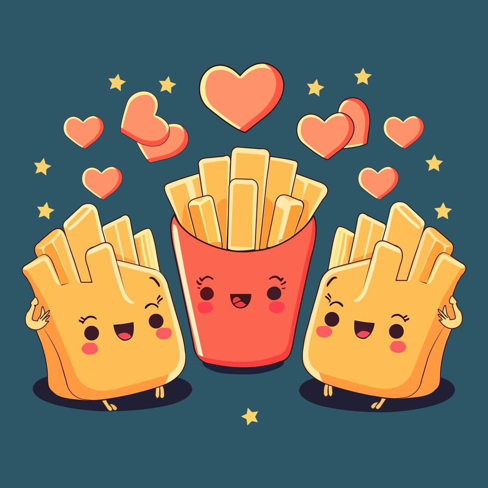 gracioso francés papas fritas personaje y corazones decorado en azul antecedentes. contento San Valentín día concepto. vector