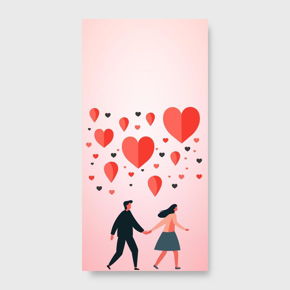 Walking Young Man And Woman Holding Hands With Flying Heart Shapes On Pastel Pink Background. Love Concept. vector