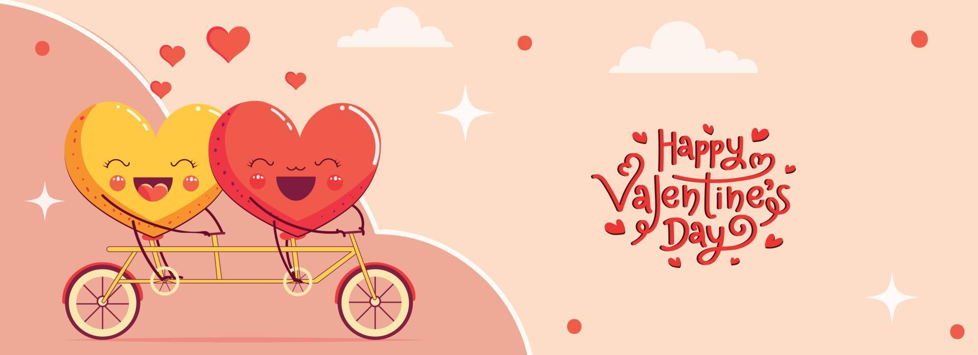 Happy Valentine's Day Banner Design With Cheerful Heart Couple Character Riding On Tandem Bicycle Against Peach Background. vector