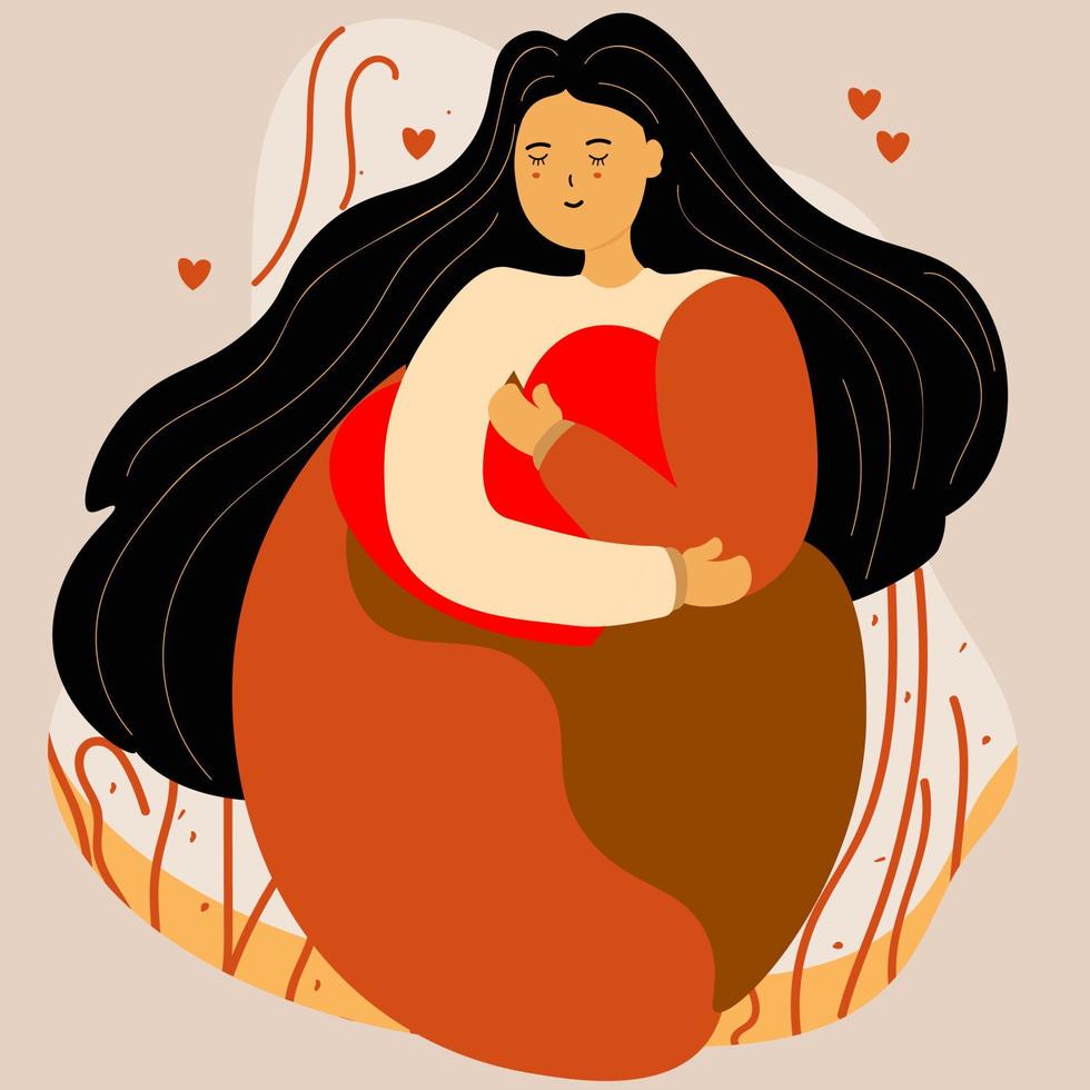 Young Girl Character Hugging A Red Heart On Beige Background. Valentine's Day Or Self Love Concept. vector