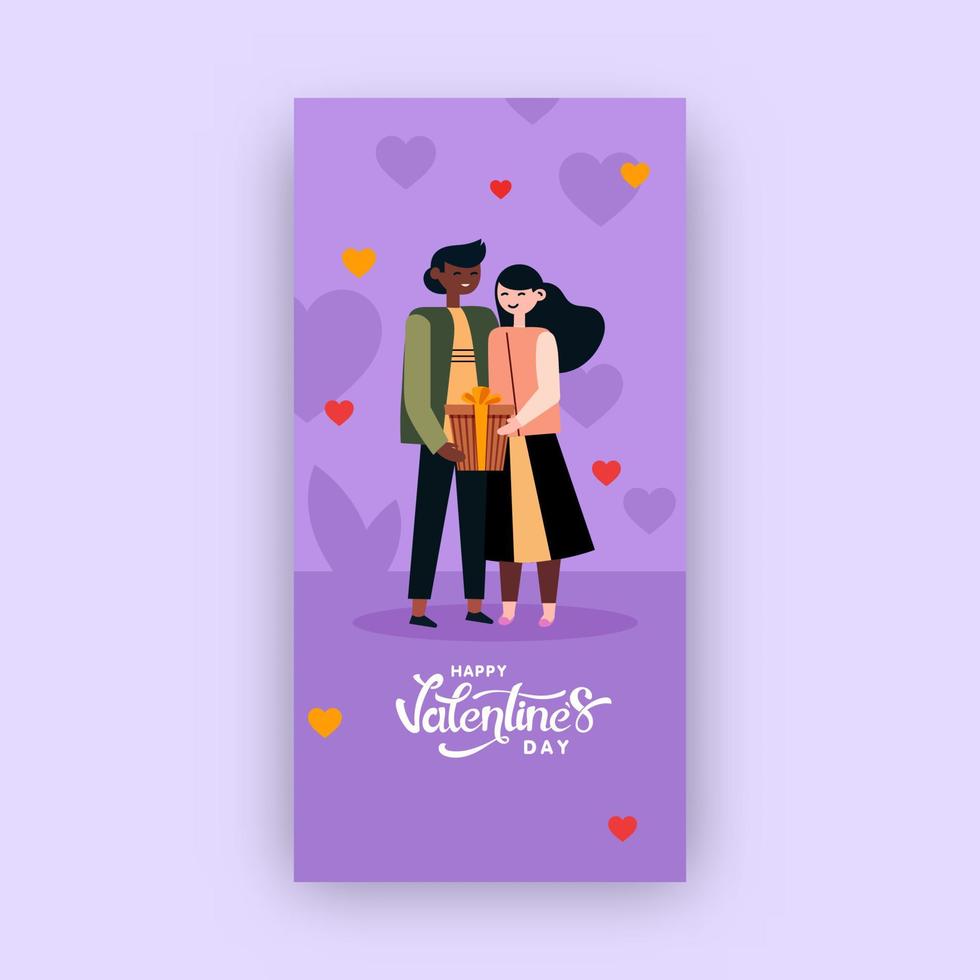 Happy Valentine's Day Vertical Banner Design With Young Couple Character Holding A Gift Box On Purple Background. vector