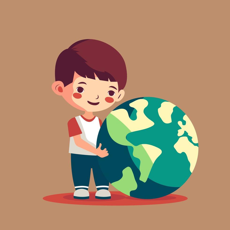 Smiley Boy Character Holding Earth Globe On Brown Background. vector