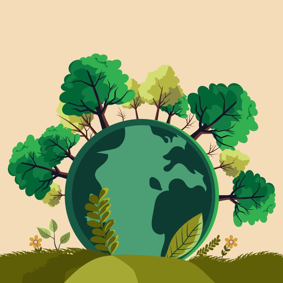 Trees Around The Earth Globe or Planet For World Environment Day Concept. vector