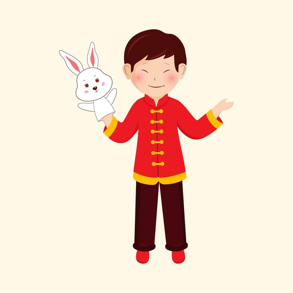 Character Of Chinese Young Boy Wearing Rabbit Puppet Glove In One Hand On Beige Background. vector