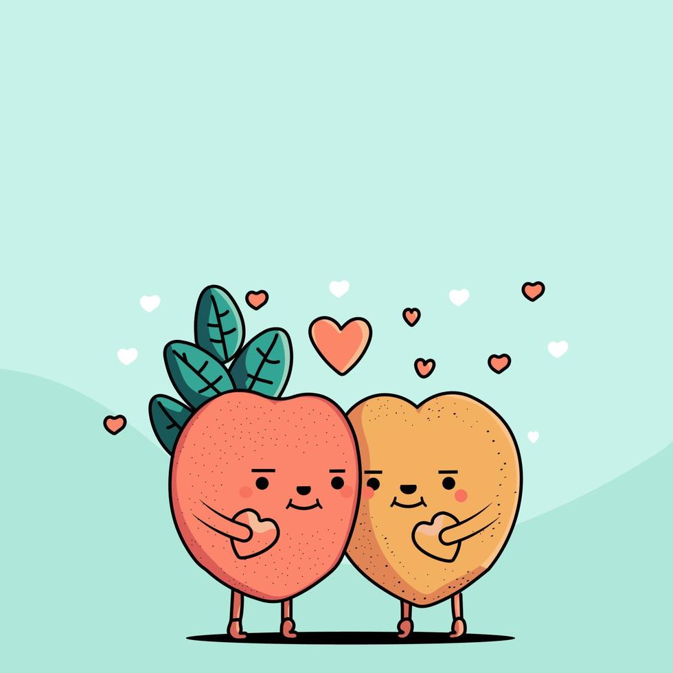 Cartoon Couple Mascot Holding Hearts And Leaves On Light Cyan Background With Copy Space. Love or Valentine's Day. vector