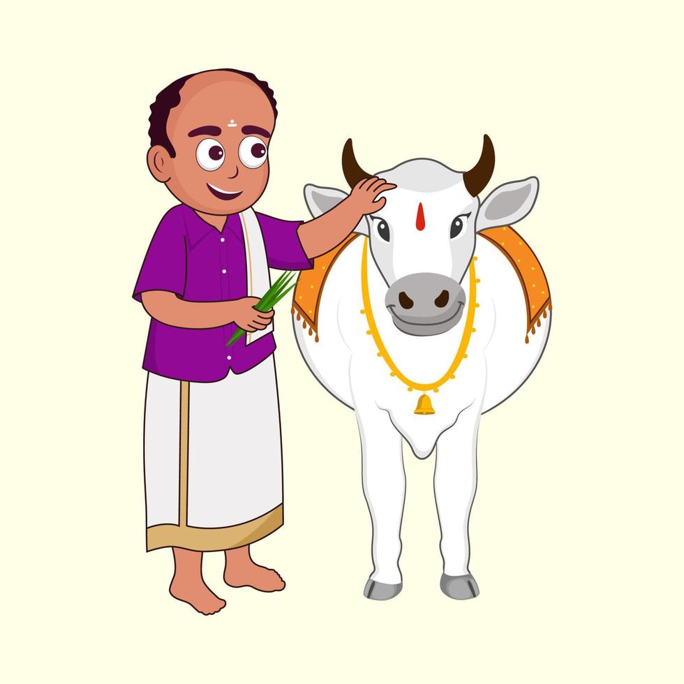 South Indian Man Feeding Grass To A Bull Or Cow On Pastel Yellow Background. vector