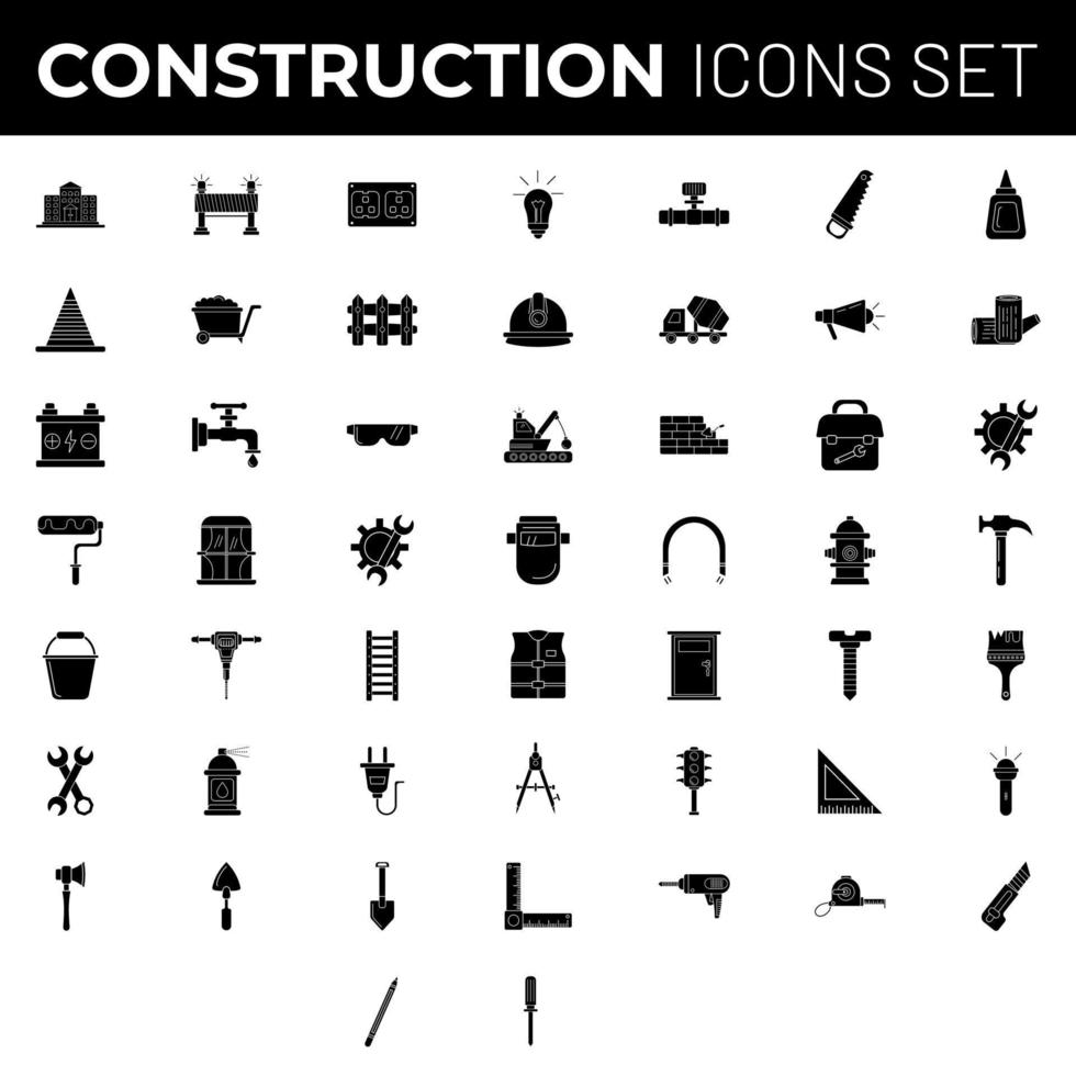 Flat Style Construction Icon Set in BW Color. vector