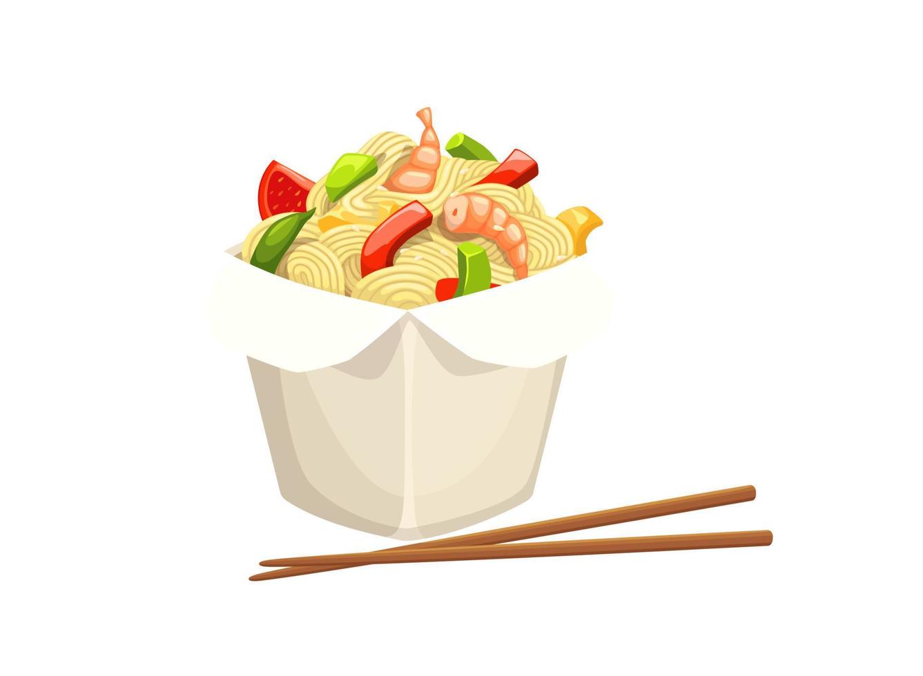 Cartoon chinese wok noodles box with chopsticks vector