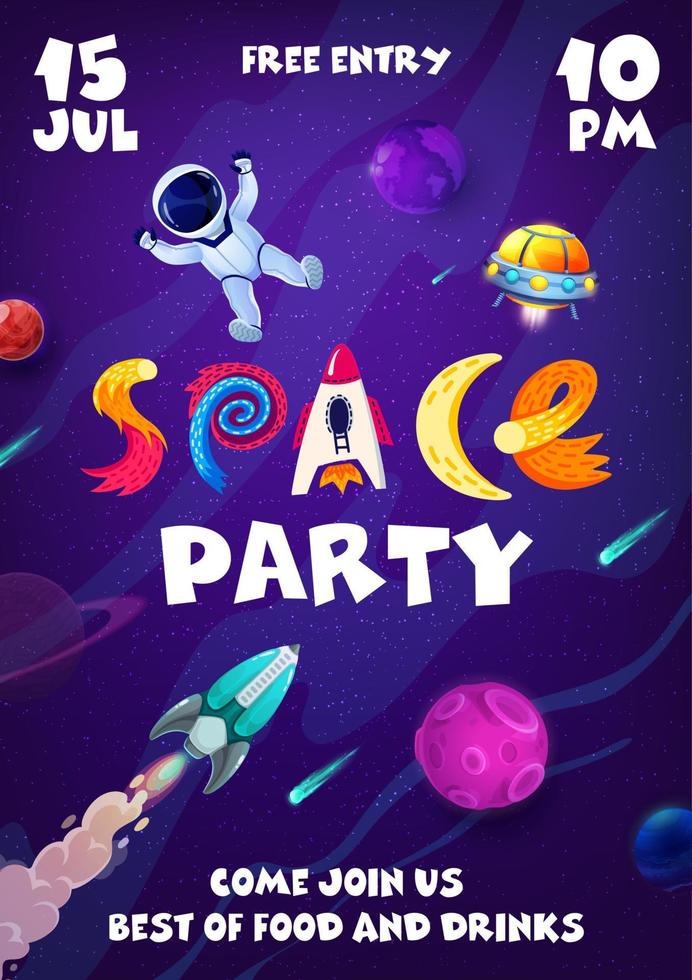 Space party flyer, rocket, planets, UFO, astronaut vector