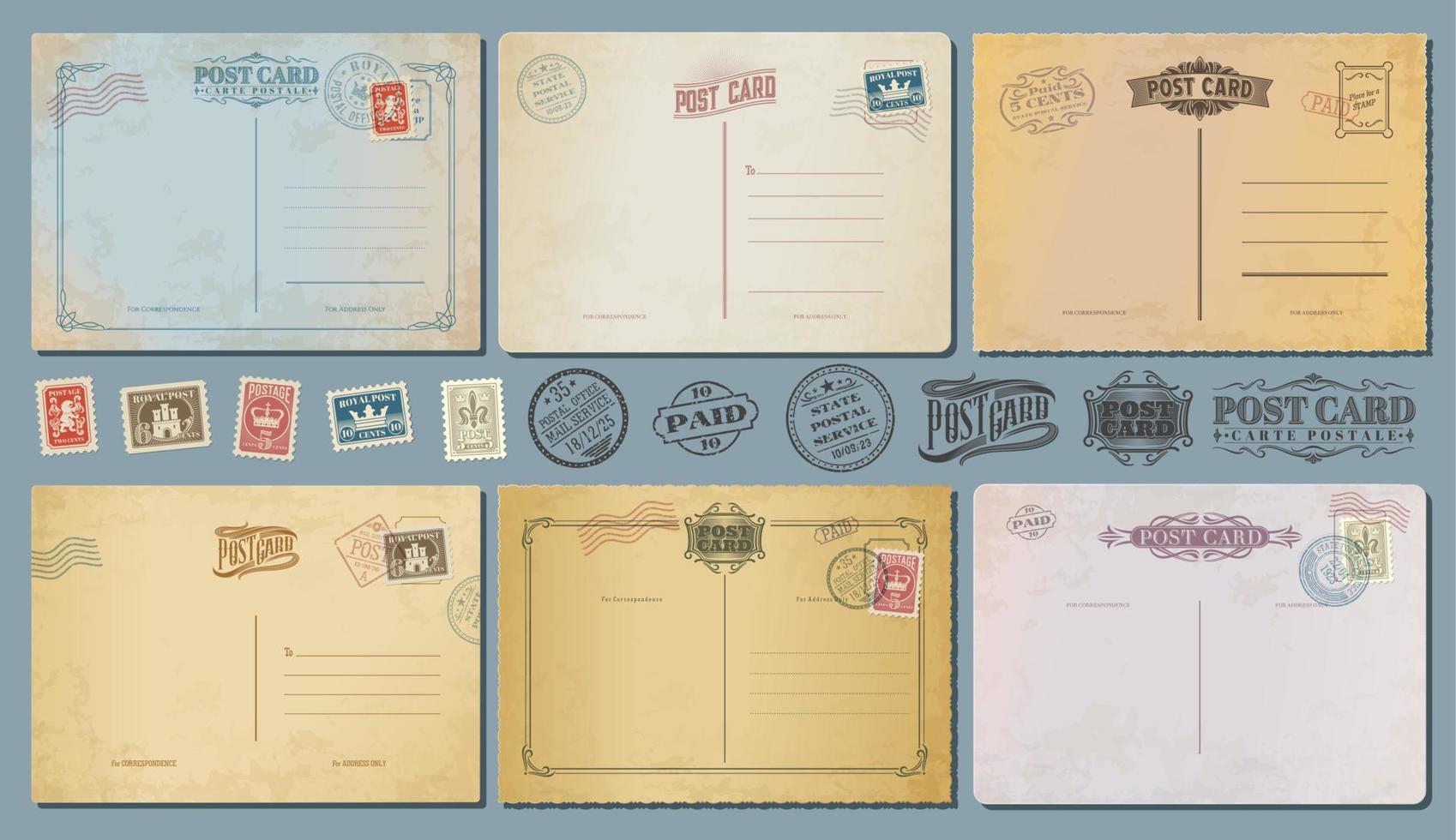 Antique postcards, retro postage stamps, vintage vector