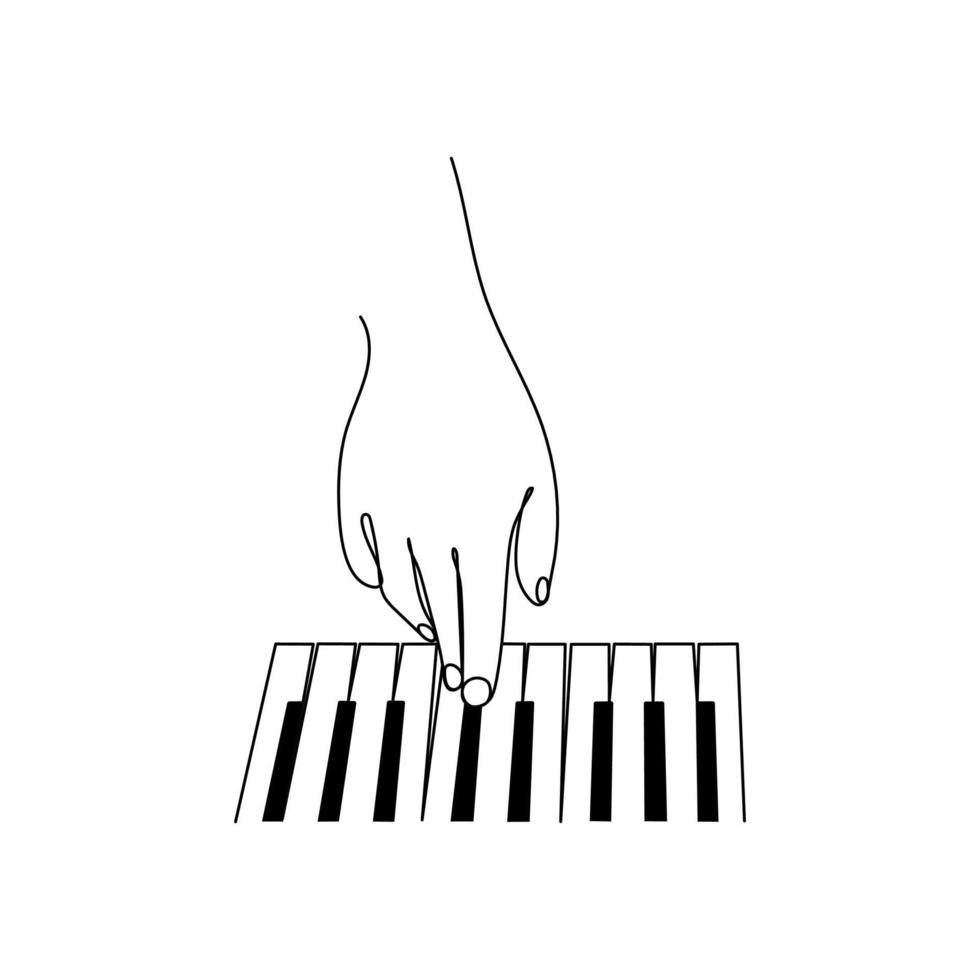 Pianist playing on the piano keys. One line art. Music instrument. Hand drawn vector illustration.