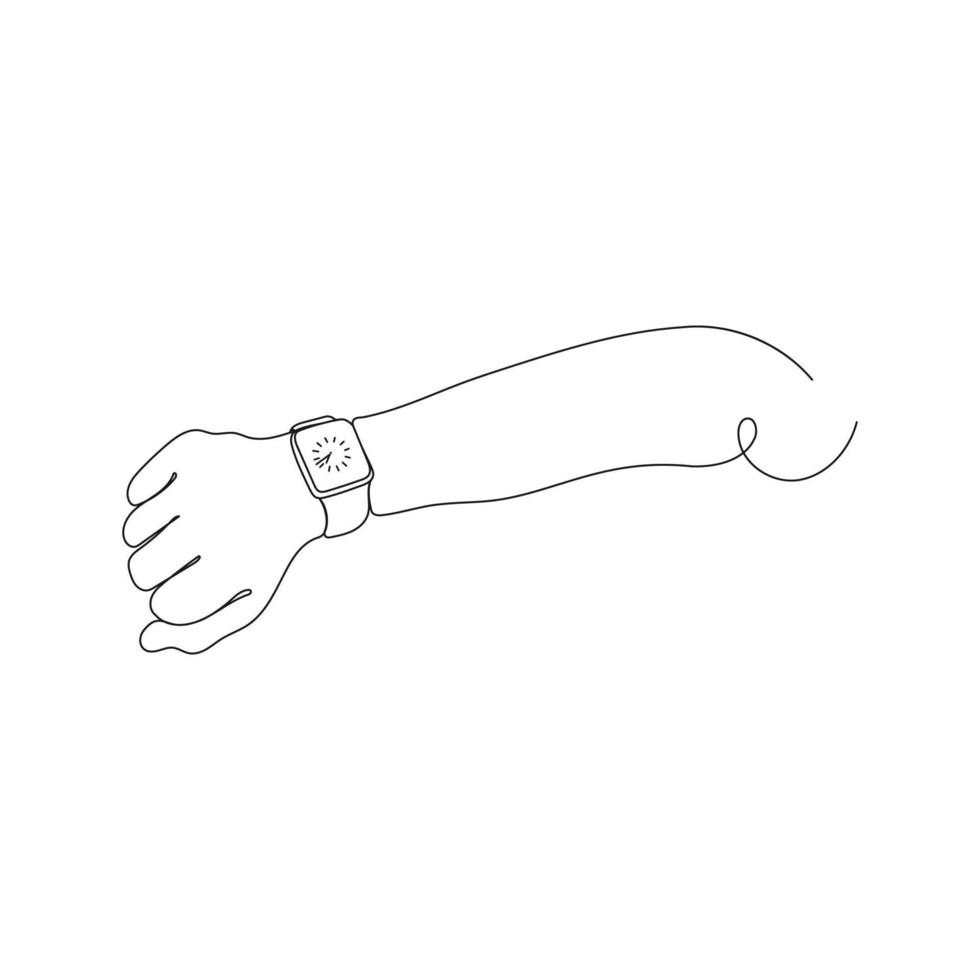 humano mano indica un muñeca mirar. uno línea Arte. inteligente reloj en muñeca. mano dibujado vector ilustración.