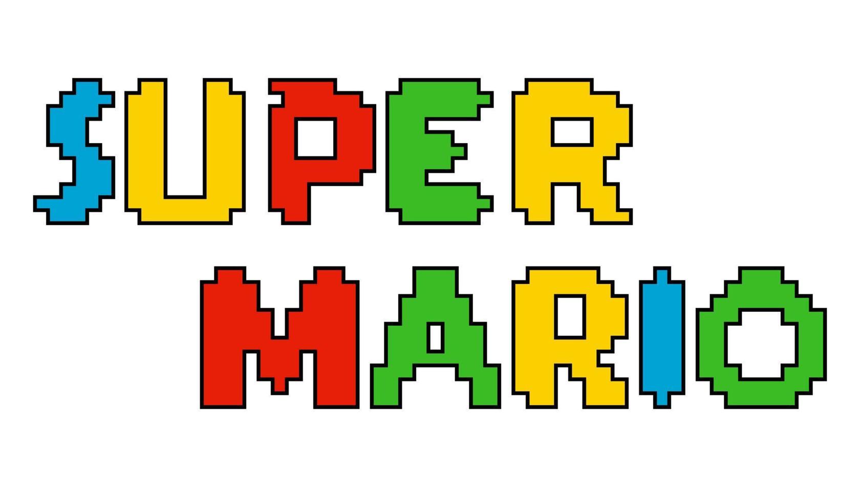 Super Mario Text logo. Pixel arcade game. Vector editorial icons