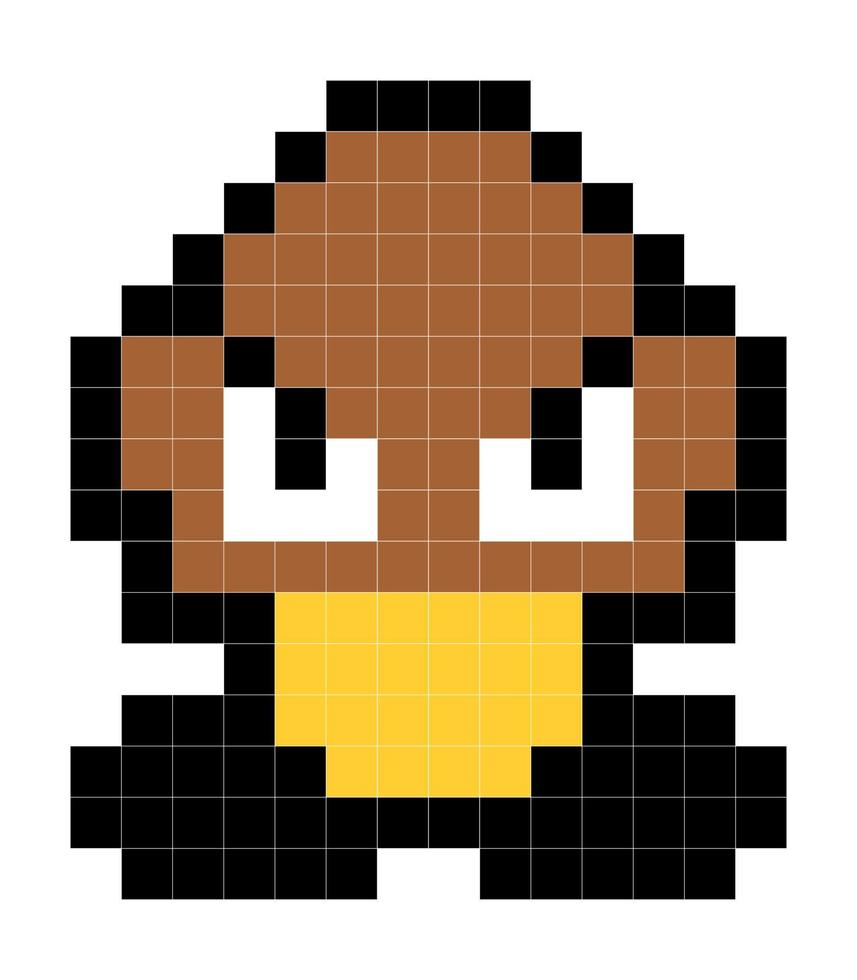 Brown evil hero of super mario game. Pixel hero video game 90s vector