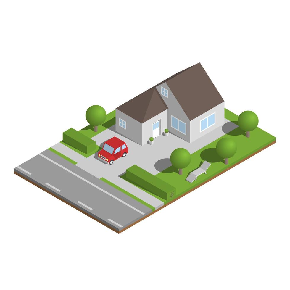 Isometric suburban house with garden and car. vector