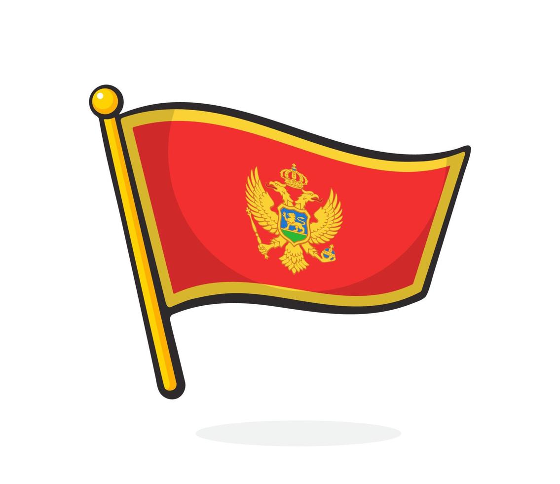 Cartoon illustration of national flag of Montenegro with coat of arms on flagstaff vector