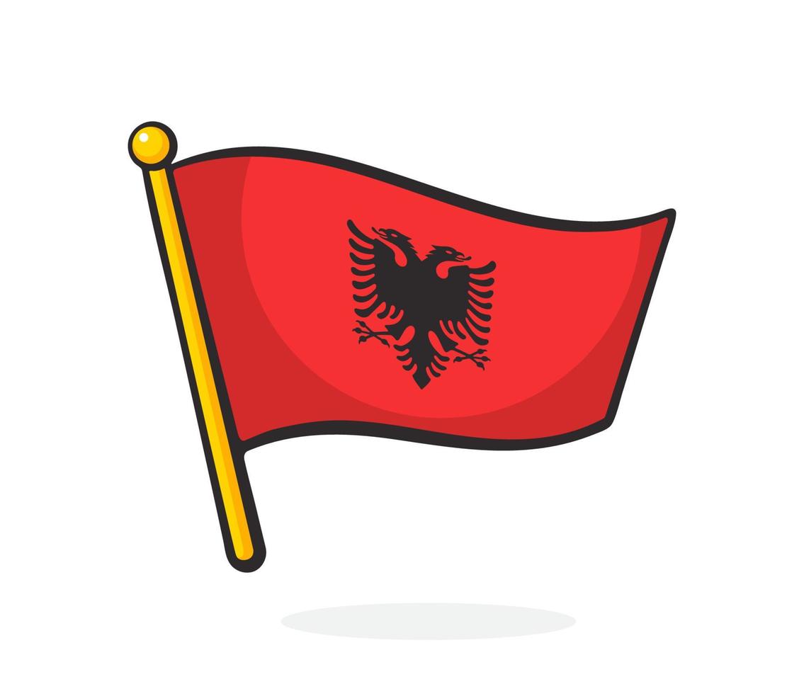 Cartoon illustration of national flag of Albania with coat of arms on flagstaff vector