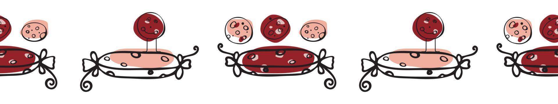 Sausage pattern. Salami day. Manual drawing of a flat vector illustration. For labels, stickers, web design, advertising of sausage products