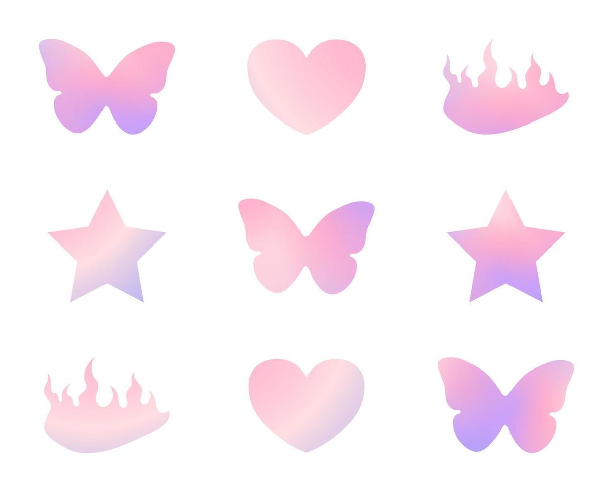 y2k trendy gradient sticker set, butterfly, star, heart, 90s and 2000s style, nostalgia, glamorous, vector illustration